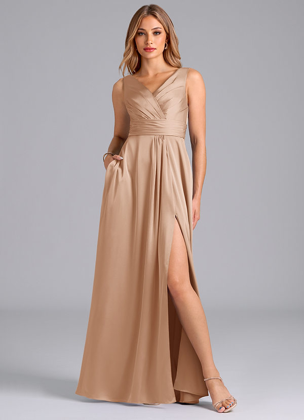 Azazie Karina Bridesmaid Dresses English Rose A-Line Pleated Stretch Satin Dress image1