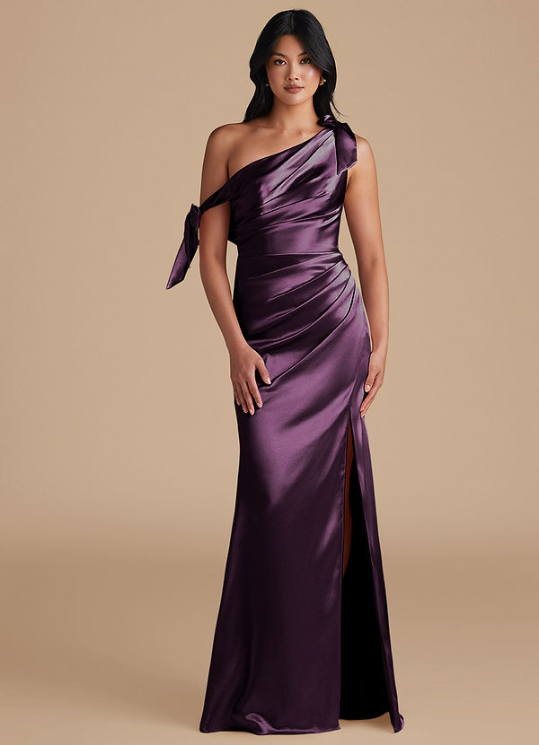 Azazie Xyla Bridesmaid Dresses Plum Sheath Off the Shoulder Metallic Satin Convertible Dress image1
