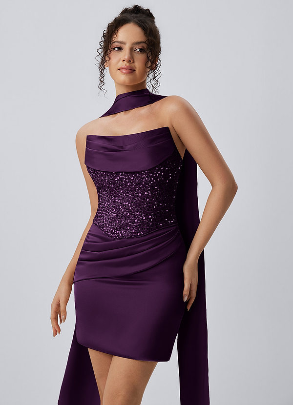 Irene Dark Purple Halter Satin Sequin Lace-Up Mini Dress image1