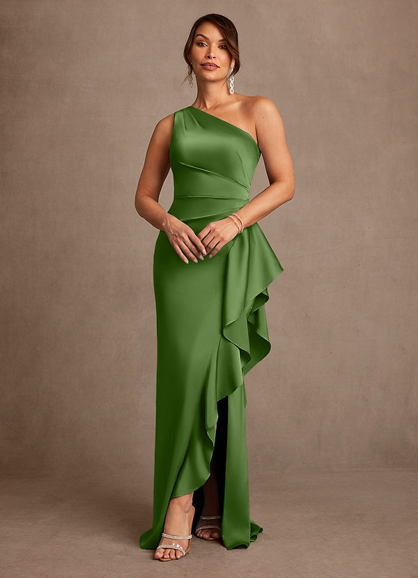 Azazie Yvette Vestidos de Madre de la Novia Vestido de Albahaca de Satén Elástico de Corte Recto con Hombro unilateral image1
