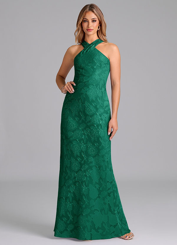 Azazie Doretta Bridesmaid Dresses Emerald Mermaid Pleated Floral Burnout Dress image1