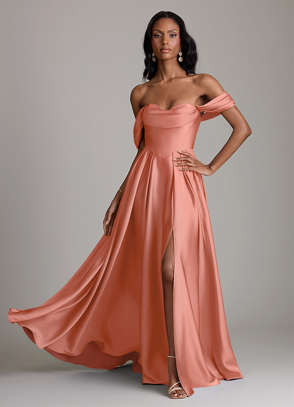 Azazie Loisa Abiti da Damigella Abito A-Line in Raso Elasticizzato a Spalla Scoperta Salmone Rosa image1