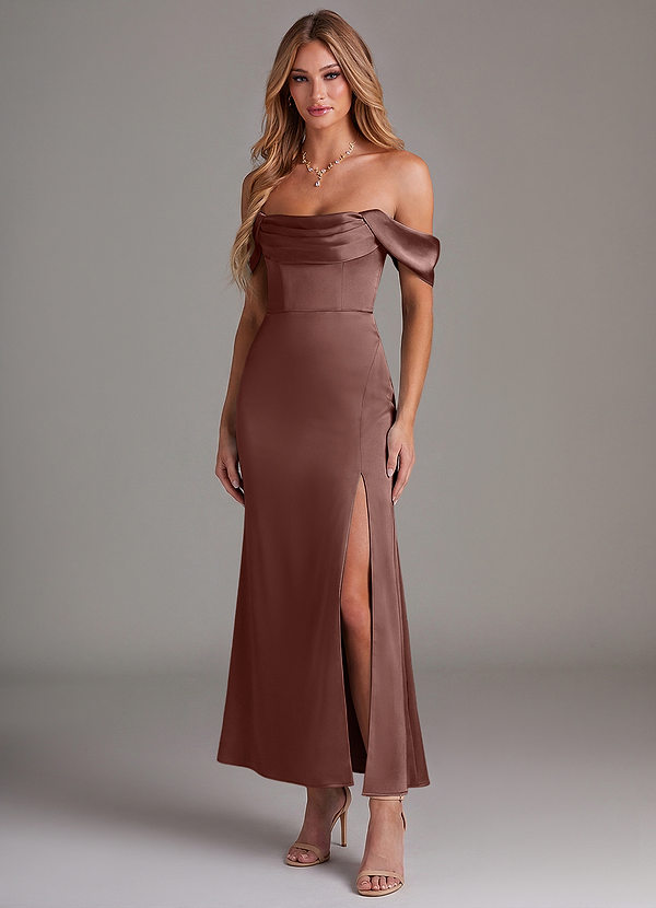 Azazie Saige 신부 들러리 드레스 인어 오프 더 숄더 스트레치 새틴 발목 길이 드레스 image1