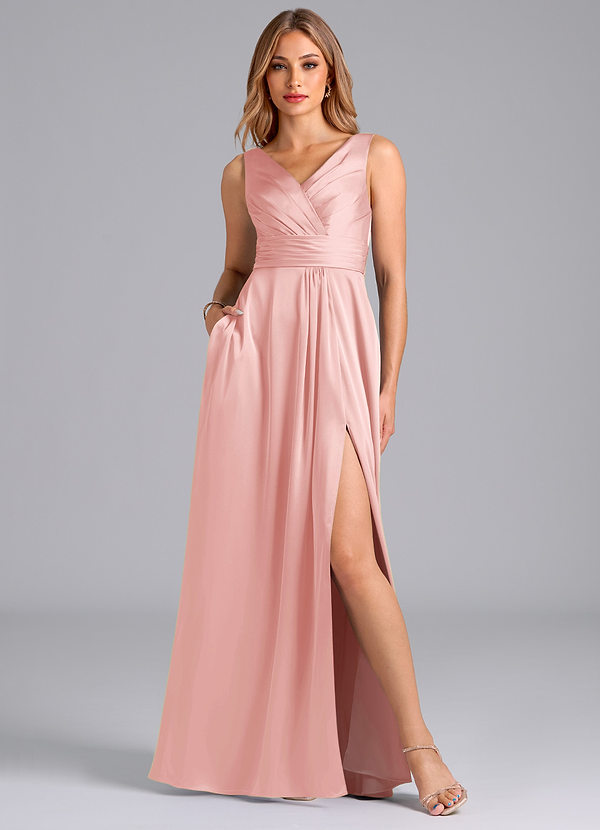 Azazie Karina Bridesmaid Dresses Powder Pink A-Line Pleated Stretch Satin Dress image1