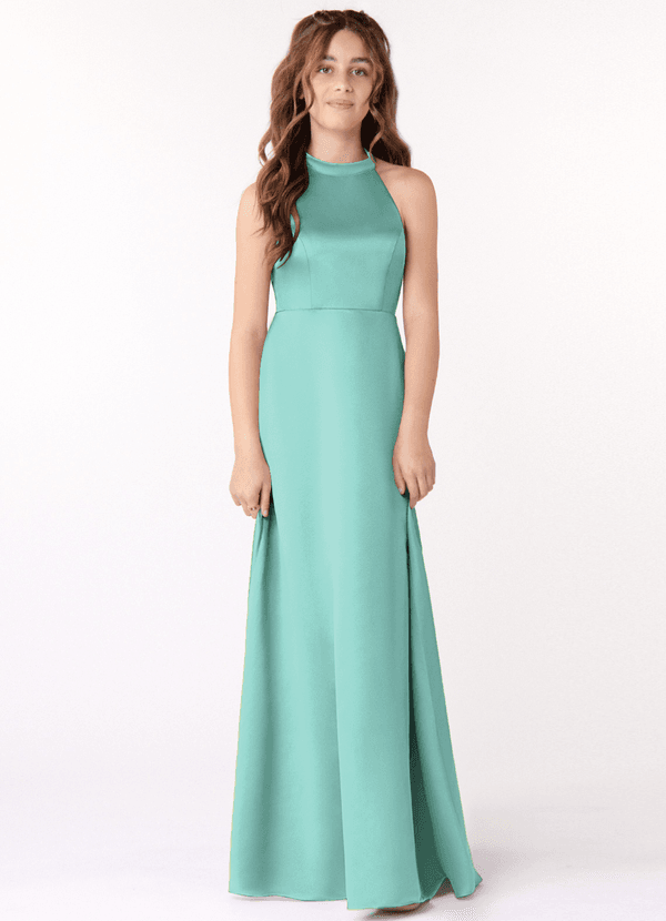 Azazie Laurel Junior Aqua A-Line Stretch Satin Dress image1