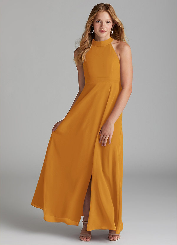 Azazie Clarice Junior Butterscotch A-Line Side Slit Chiffon Dress image1