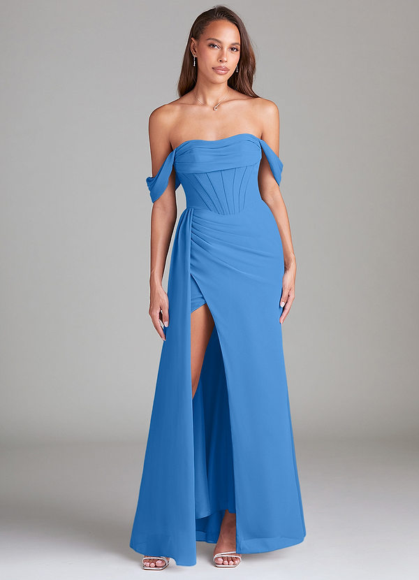 Azazie Amyra Vestidos Dama de Honor Vestido de Azul Grisaceo de Gasa de Corte Recto Convertible con Vestidos sin tirantes image1