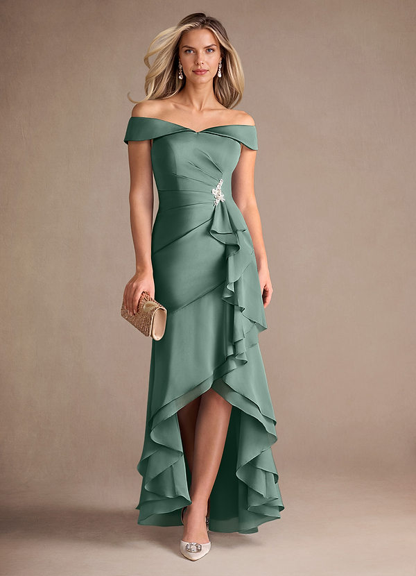 Azazie Billings Mother of the Brides Dresses Eucalyptus Mermaid Off the Shoulder Stretch Satin Dress image1