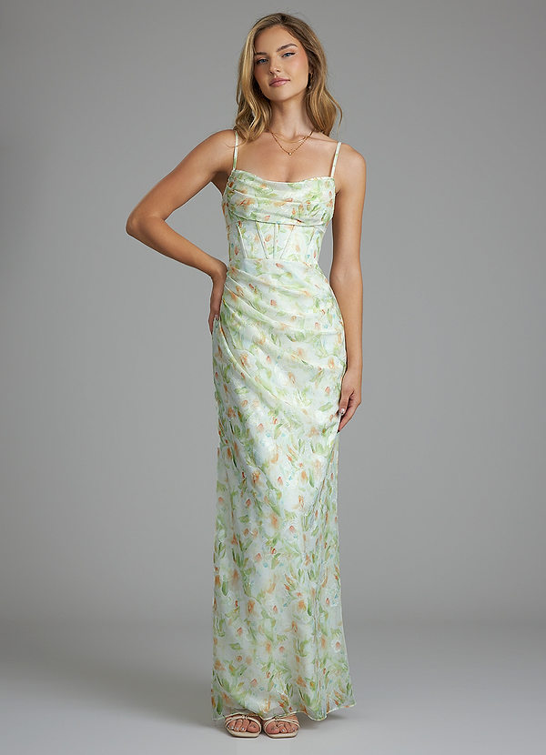 Azazie Mai Bridesmaid Dresses Green Watercolor Floral Sheath Pleated Watercolor Floral Dress image1