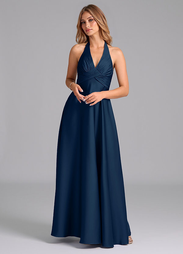 Azazie Tessie Bridesmaid Dresses Dark Navy A-Line Pleated Stretch Satin Dress image1
