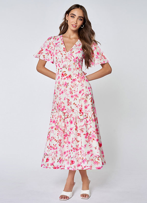 Pink Lodi Pink Floral Print V-Neck Short Sleeve Midi Dress Dresses | Azazie