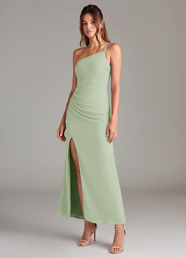 Azazie Eren 신부 들러리 드레스 인어 한쪽 어깨 쉬폰 발목 길이 드레스 image1