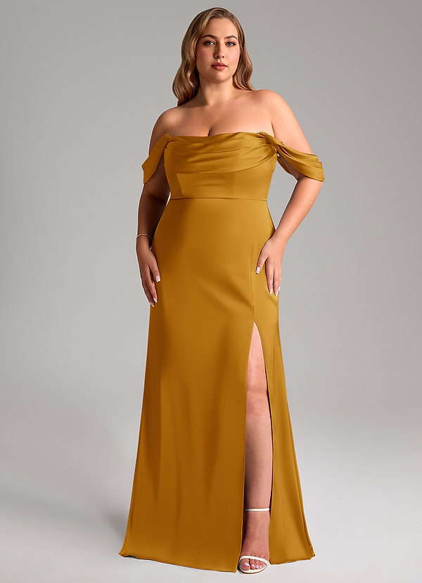 Azazie Saige Robes Demoiselle d'honneur Robe Fourreau en Satin extensible Épaule décolletée Caramel écossais image1
