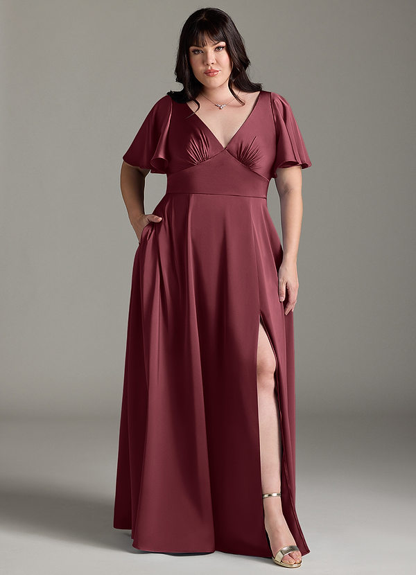 Azazie Kimber Brudtärneklänningar Klänning av A-Line i Stretch Satin Ruched Merlot image1