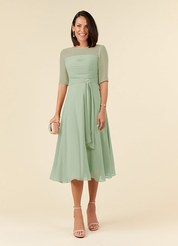 Azazie Naomi Mother of the Brides Dresses Dusty Sage A-Line Boatneck Pleated Chiffon Dress image1