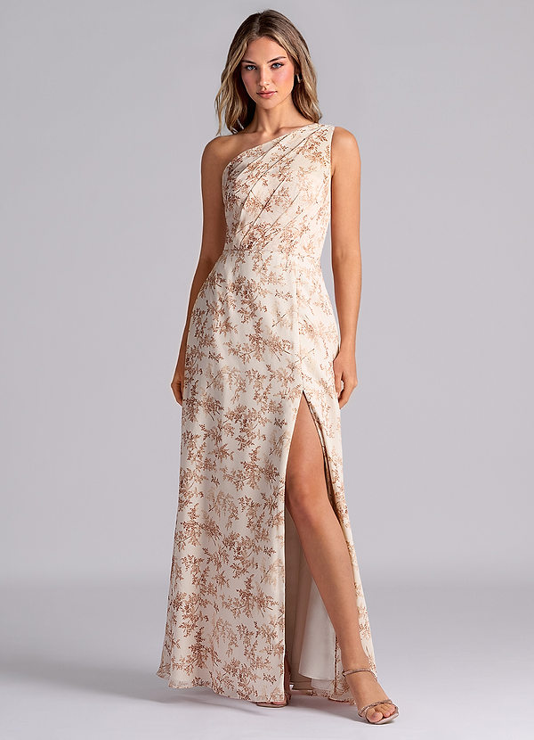 Azazie Phaedra Bridesmaid Dresses Pink Fern Floral A-Line One Shoulder Chiffon Dress image1