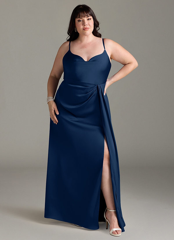 Azazie Brielle Abiti da Damigella Abito A-Line in Raso Elasticizzato con Scollo a Cappuccio e Spalline Sottili Marino Scuro image1