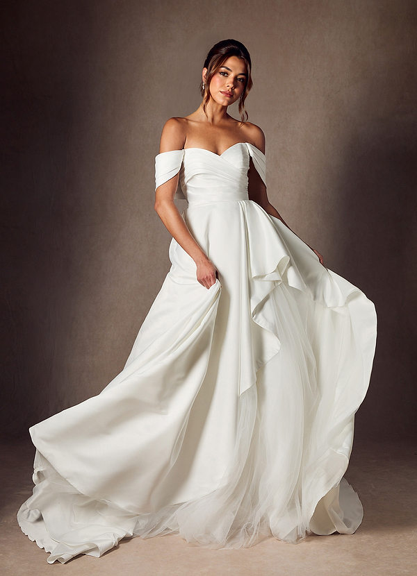 Azazie Alexandria Wedding Dresses Diamond White A-Line Off the Shoulder Matte Satin Dress image1