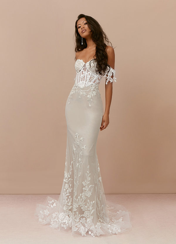 Azazie Evergarden Wedding Dresses Diamond White Sand A-Line Sequins Tulle Dress image1