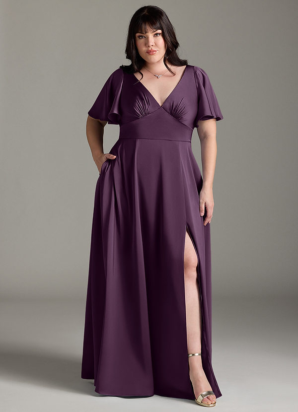 Azazie Kimber Bridesmaid Dresses Plum A-Line Ruched Stretch Satin Dress image1