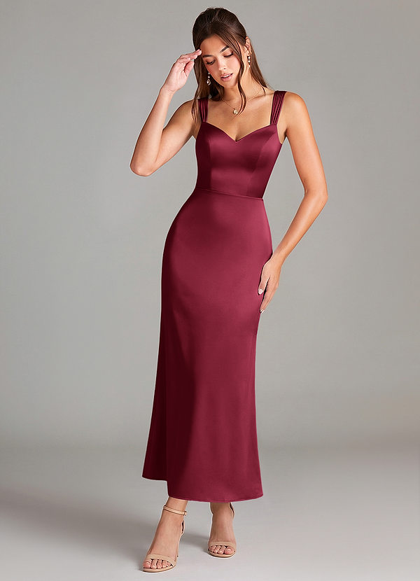 Azazie Denice Vestidos de dama de honor Vestido Borgoña de Satén Elástico de Corte Recto con Plisado image1