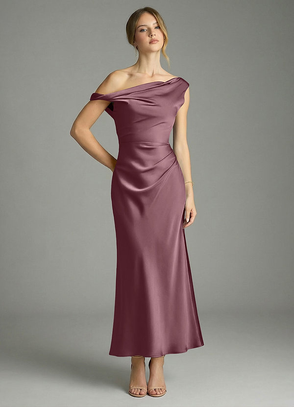 Azazie Emerson Bridesmaid Dresses Amethyst Mermaid Off the Shoulder Stretch Satin Dress image1