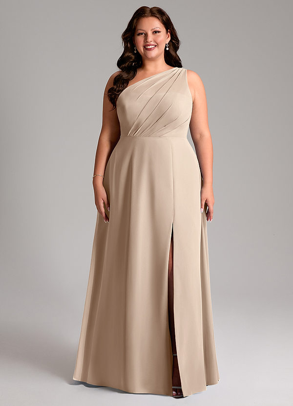 Azazie Phaedra Bridesmaid Dresses Taupe A-Line One Shoulder Chiffon Dress image1