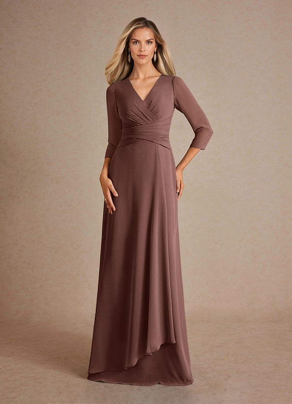 Azazie Mayfield Mother of the Bride Dresses Vestido Café Expresso de Chiffon de Linha A com Plissado image1