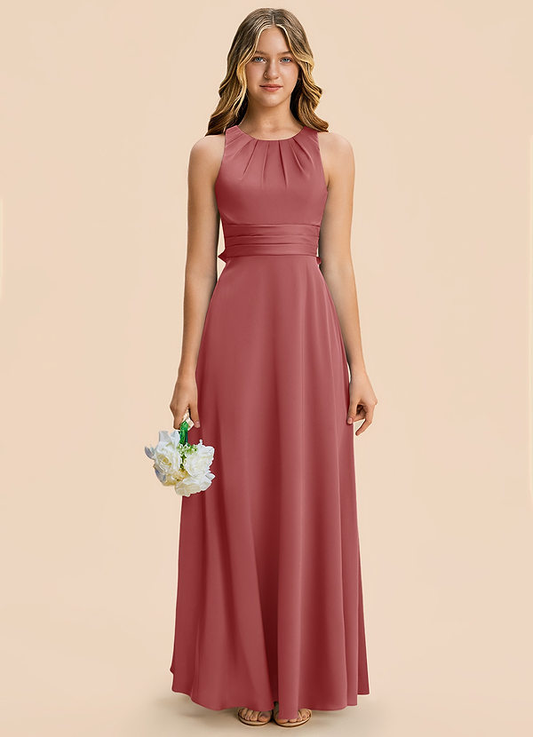 Azazie Christina Junior Vestido Rosa Antigua de Satén Elástico de Corte en A con Drapeado image1