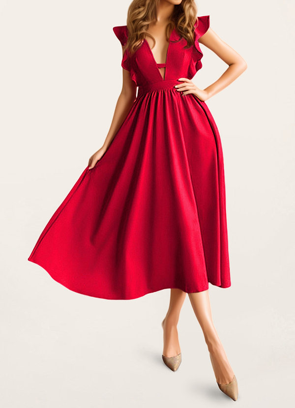 front Regal Ruffles Red Satin Flutter Sleeve Midi Dress