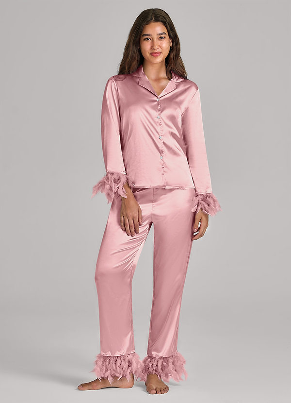 front Matching Color Satin Feathered Pajamas