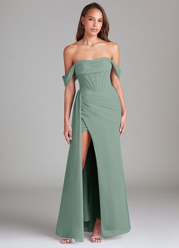 Azazie Amyra Robes de demoiselle d'honneur Robe Fourreau Convertible en Mousseline de soie Épaules dénudées Sauge D'argent image1