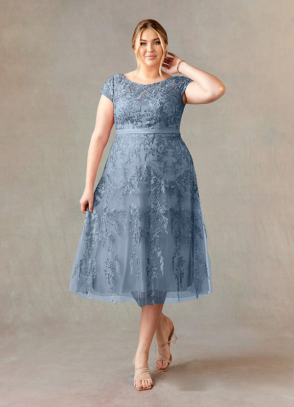 Azazie Sanna Robe Mère de la Mariée & du Marié Robe Trapèze en Tulle Dentelle à encolure dégagée Bleu Poussiéreux image1