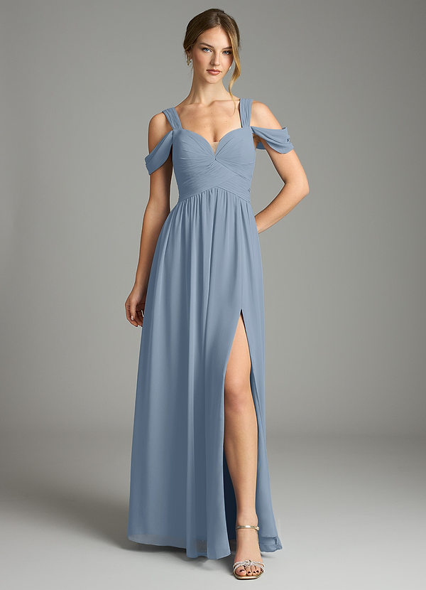 Azazie Lianne Bridesmaid Dresses Dusty Blue A-Line Off the Shoulder Chiffon Dress image1