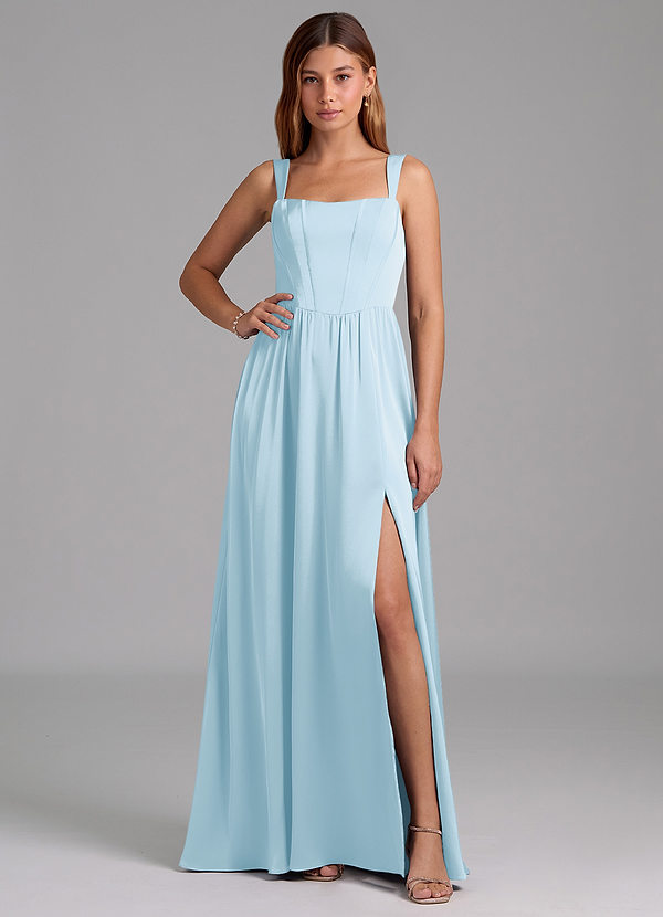 Azazie Rosaline Bridesmaid Dresses Sky Blue A-Line Side Slit Stretch Satin Dress image1