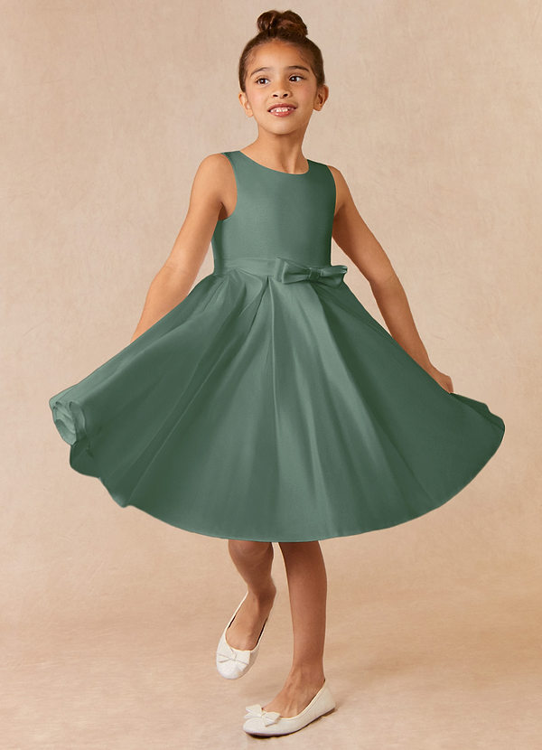 Azazie Coco Flower Girl Dresses Eucalyptus A-Line Bow Matte Satin Dress image1