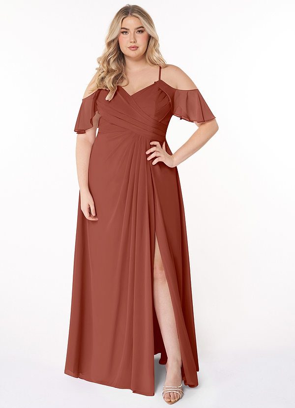Azazie Dakota Bridesmaid Dresses Auburn A-Line V-Neck Pleated Chiffon Dress image1