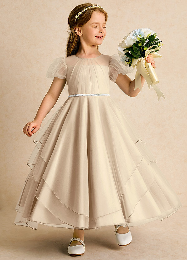 Azazie Duckie Abiti da Ragazza di Fiori Abito Principessa in Tulle Plissettato Champagne image1