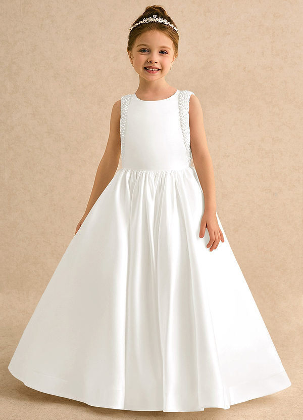 Azazie Trinity Flower Girl Dresses Ivory Ball-Gown Bow Matte Satin Dress image1