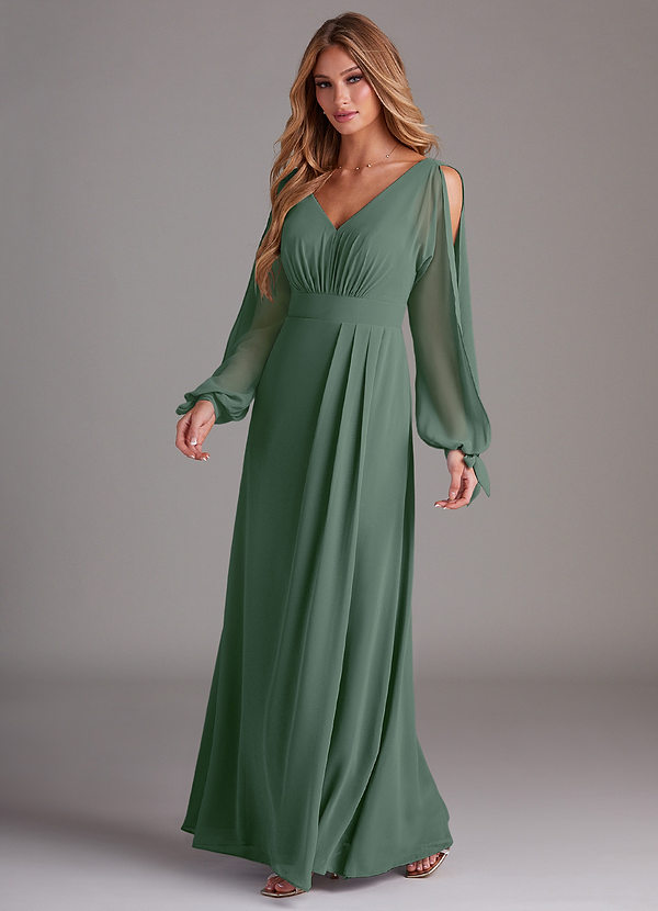 Azazie Matilda Bridesmaid Dresses Eucalyptus A-Line Long Sleeve Chiffon Dress image1