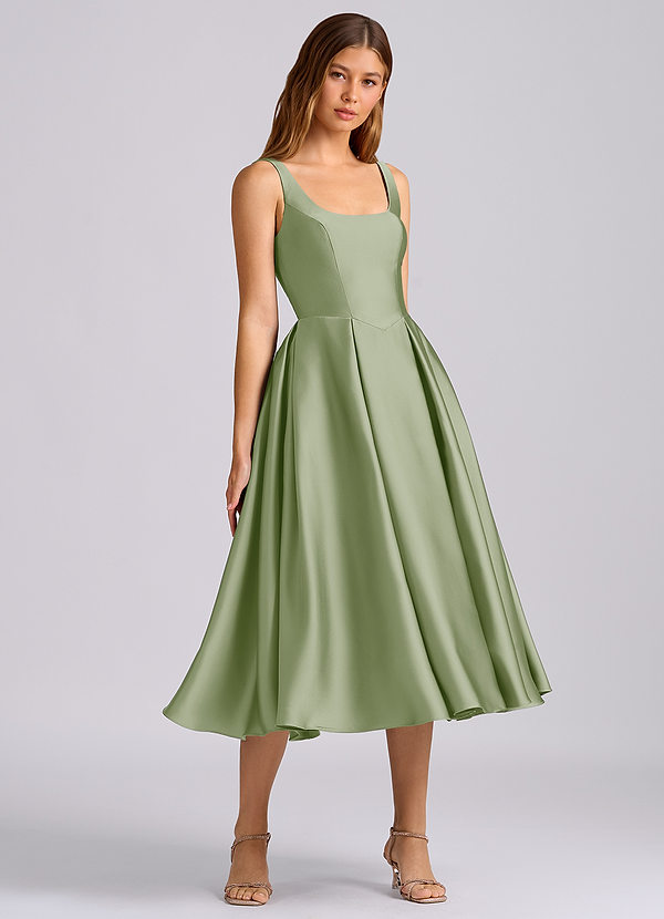 Azazie Amalie Bridesmaid Dresses Dusty Sage A-Line Pleated Stretch Satin Dress image1