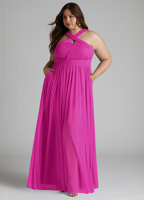 Azazie Hillian Brautjungfernkleider A-Linie Halter Gefaltet Gittergewebe Kleid Fuchsia image1