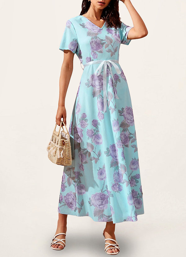 front Brinson Light Blue Floral Print Short Sleeve Maxi Dress