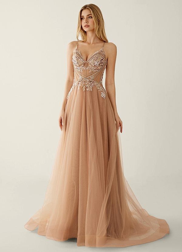 Celestyn Light Coffee Rhinestone Sequin Embroidery Tulle Prom Dress image1