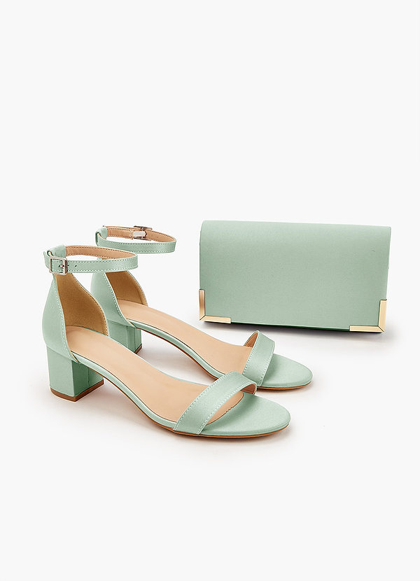 Matching Color Matte Satin Block Heel Sandals & Envelope Clutch Set front
