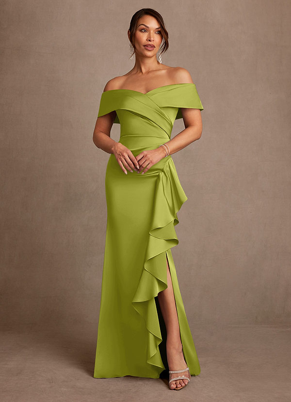 Azazie Kirsty Mother of the Brides Dresses Lemongrass Sheath Off the Shoulder Stretch Satin Dress image1