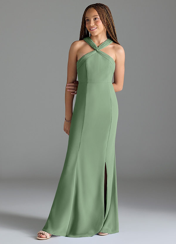 Azazie Rue Junior Robe Sirène en Mousseline de soie Fente Latérale Matcha image1