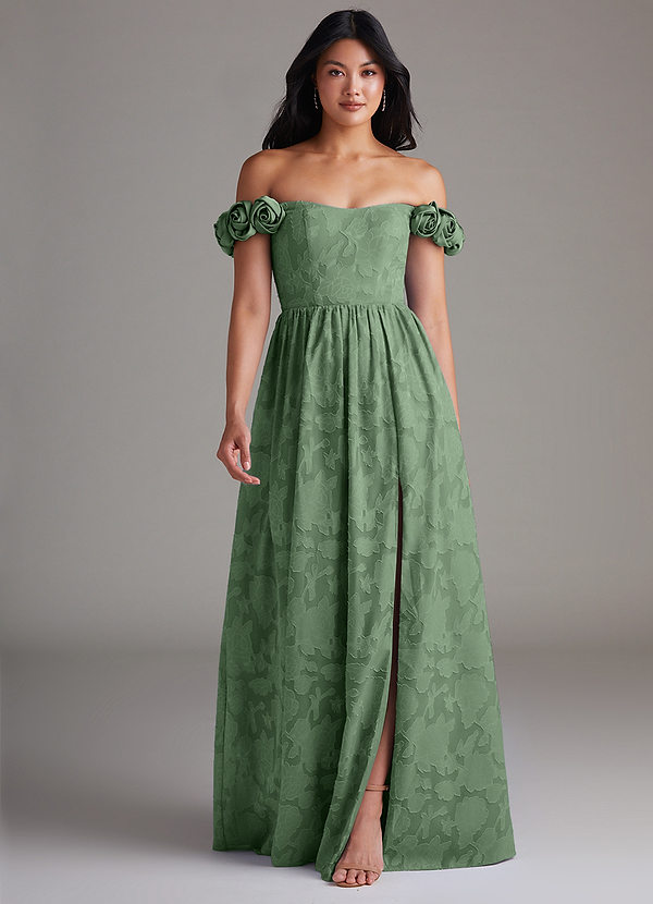 Azazie Autumn Robes Demoiselle d'honneur Robe Trapèze Convertible en Blumen-Burnout Épaule décolletée Eucalyptus image1