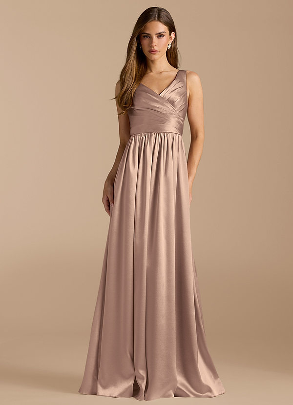 Azazie Keyla Bridesmaid Dresses Taupe A-Line Pleated Metallic Satin Dress image1