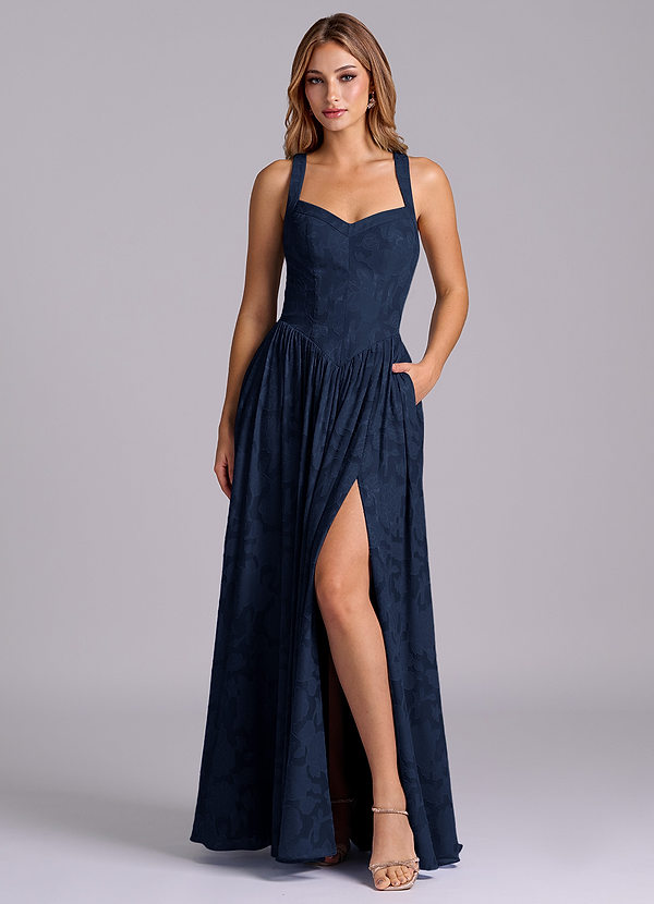 Azazie Francis Bridesmaid Dresses Dark Navy A-Line Corset Floral Burnout Dress image1